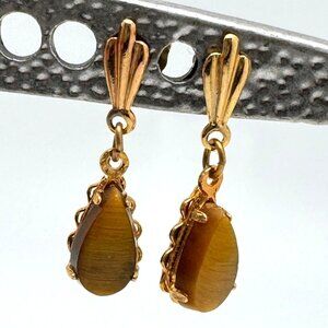 Vintage 14K Gold Post 12K Gold Filled Tigers Eye Drop Earrings Gift